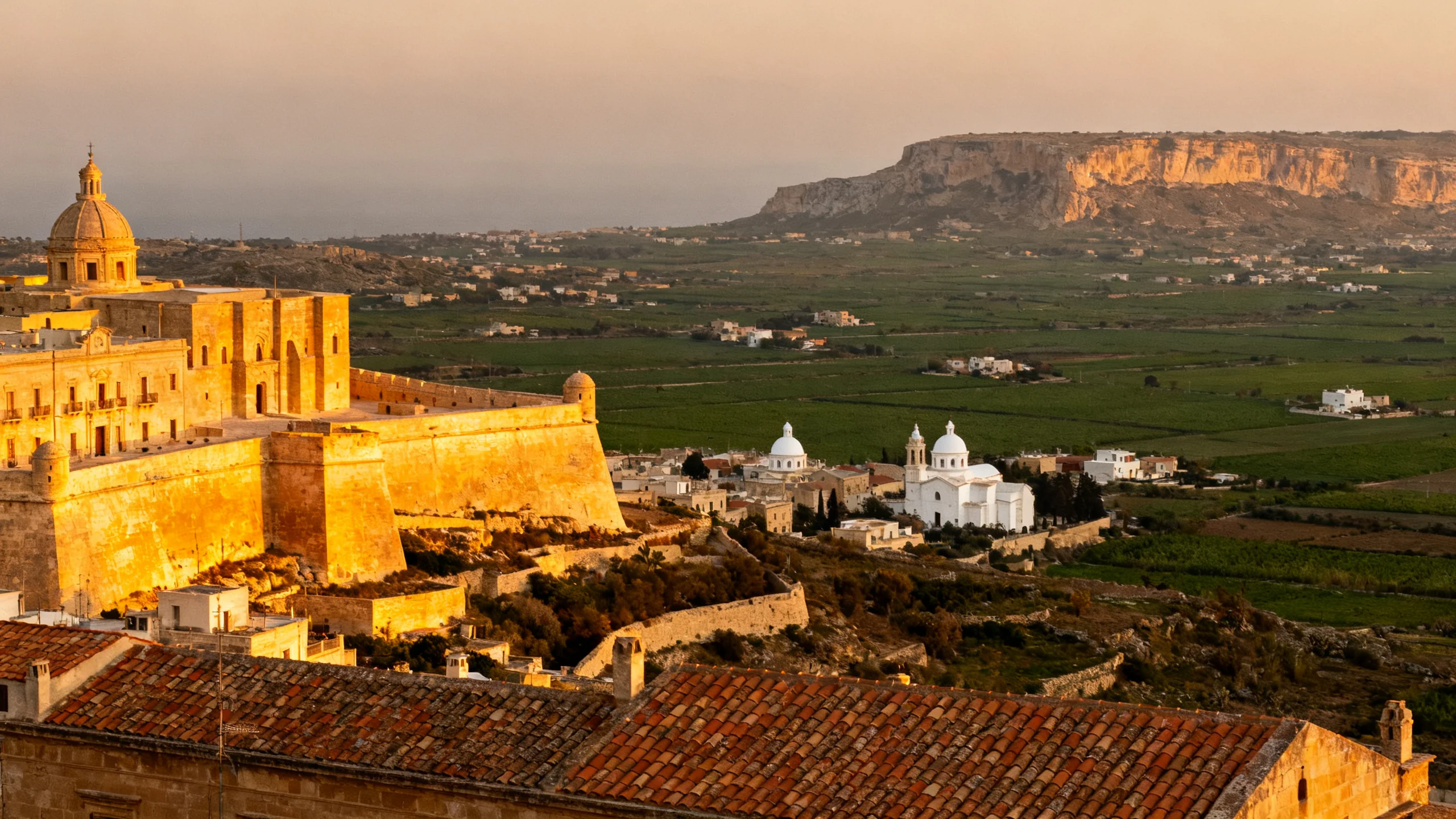 The Cittadella in Victoria rising above the rooftops at golden hour, with the Gozo countryside stretching toward the western cliffs