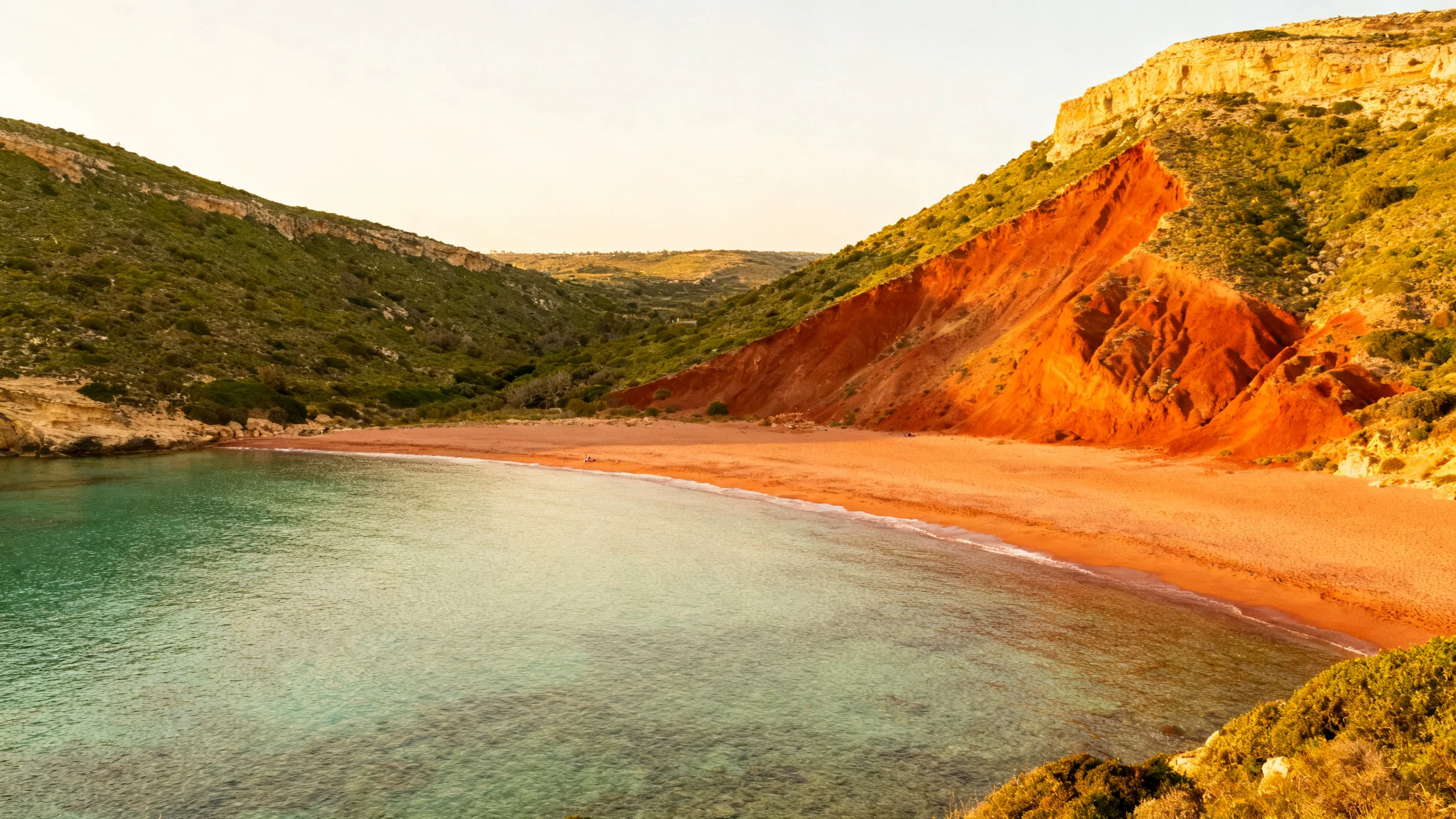 Ramla Bay (Ir-Ramla l-Hamra) at golden hour, red sand framed by green hillsides, with no buildings in the frame