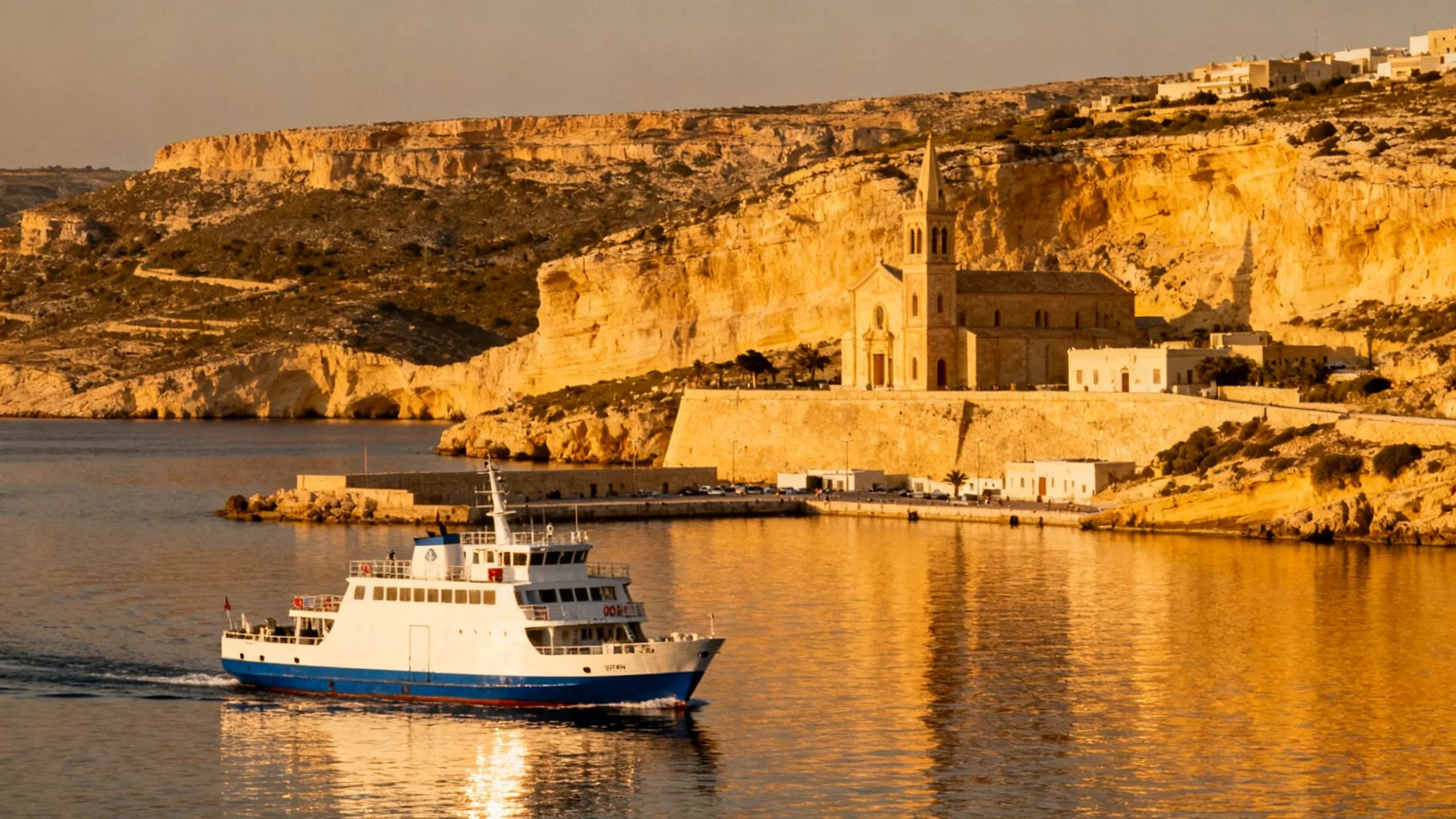 De Gozo Channel veerboot nadert de haven van Mgarr, met de kalkstenen kliffen van Mgarr ix-Xini zichtbaar in de verte