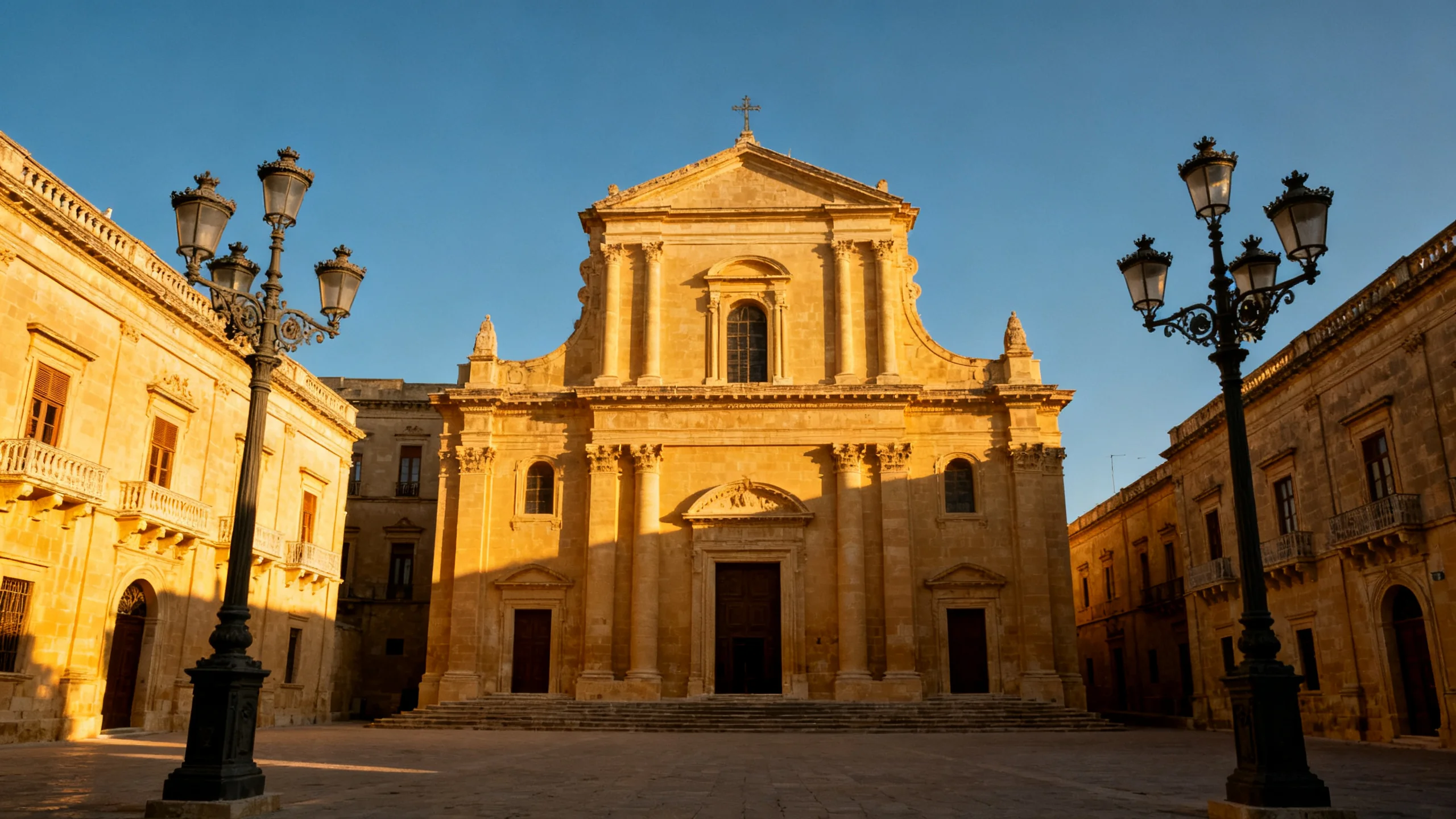 The St Paul's Cathedral square in Mdina, late afternoon, with the limestone facades glowing
