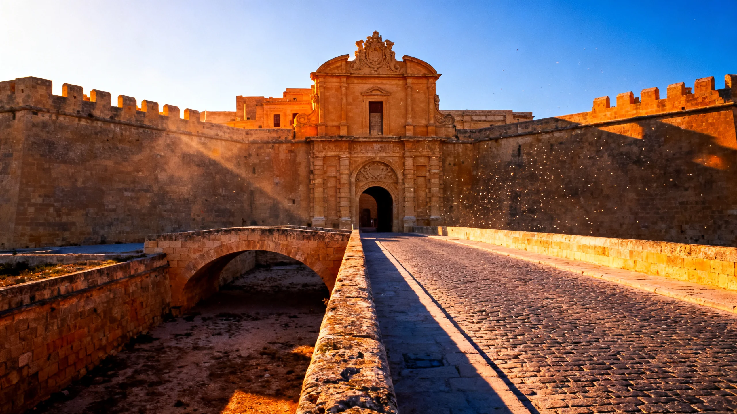 De Mdina-poort aan het einde van de toegangsbrug, met de kalkstenen gevel verlicht door de middagzon