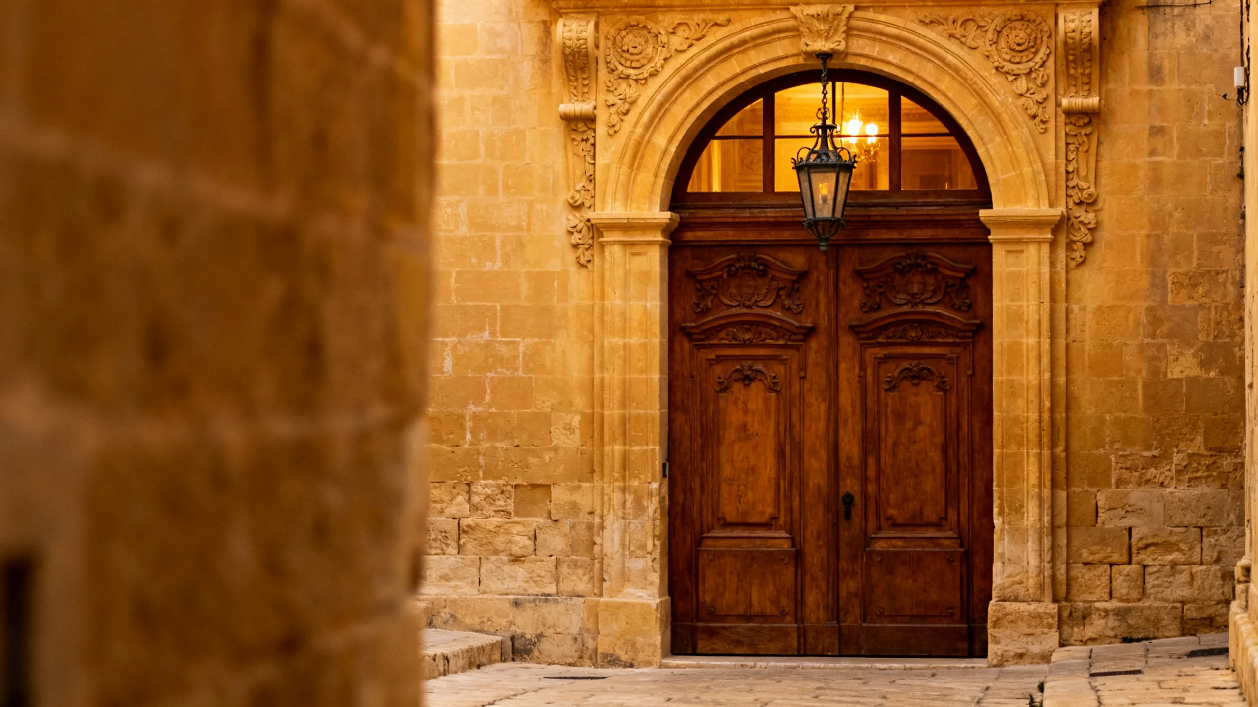 A restored 16th-century palazzo entrance inside the Mdina walls, with limestone arch and antique iron lantern