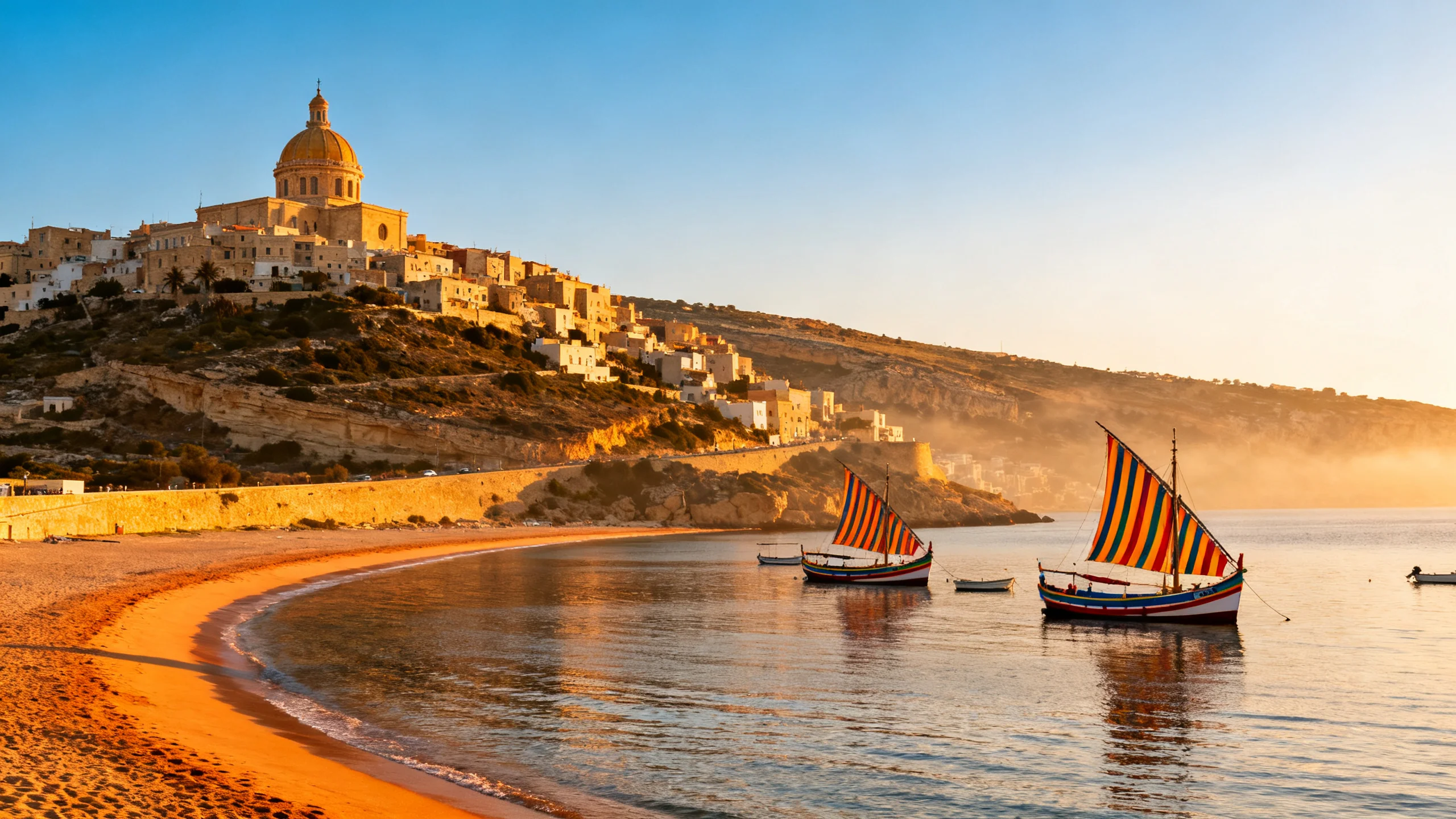 View across Mellieha Bay at golden hour, with the sweep of sand below and the village of Mellieha climbing the hillside above