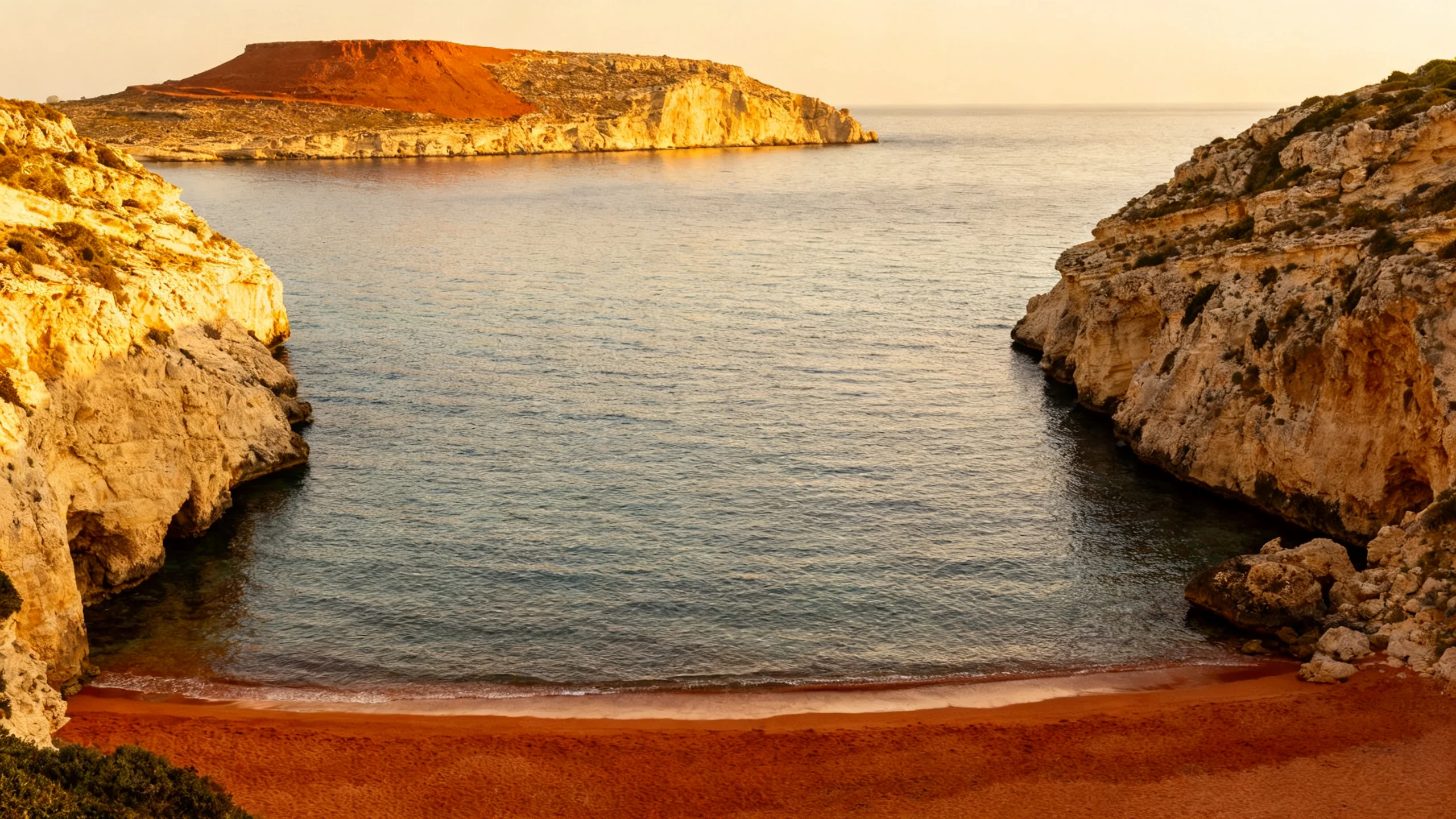 Ghajn Tuffieha (Riviera Beach) at golden hour, red-gold sand framed by cliffs, with the clay headland visible above