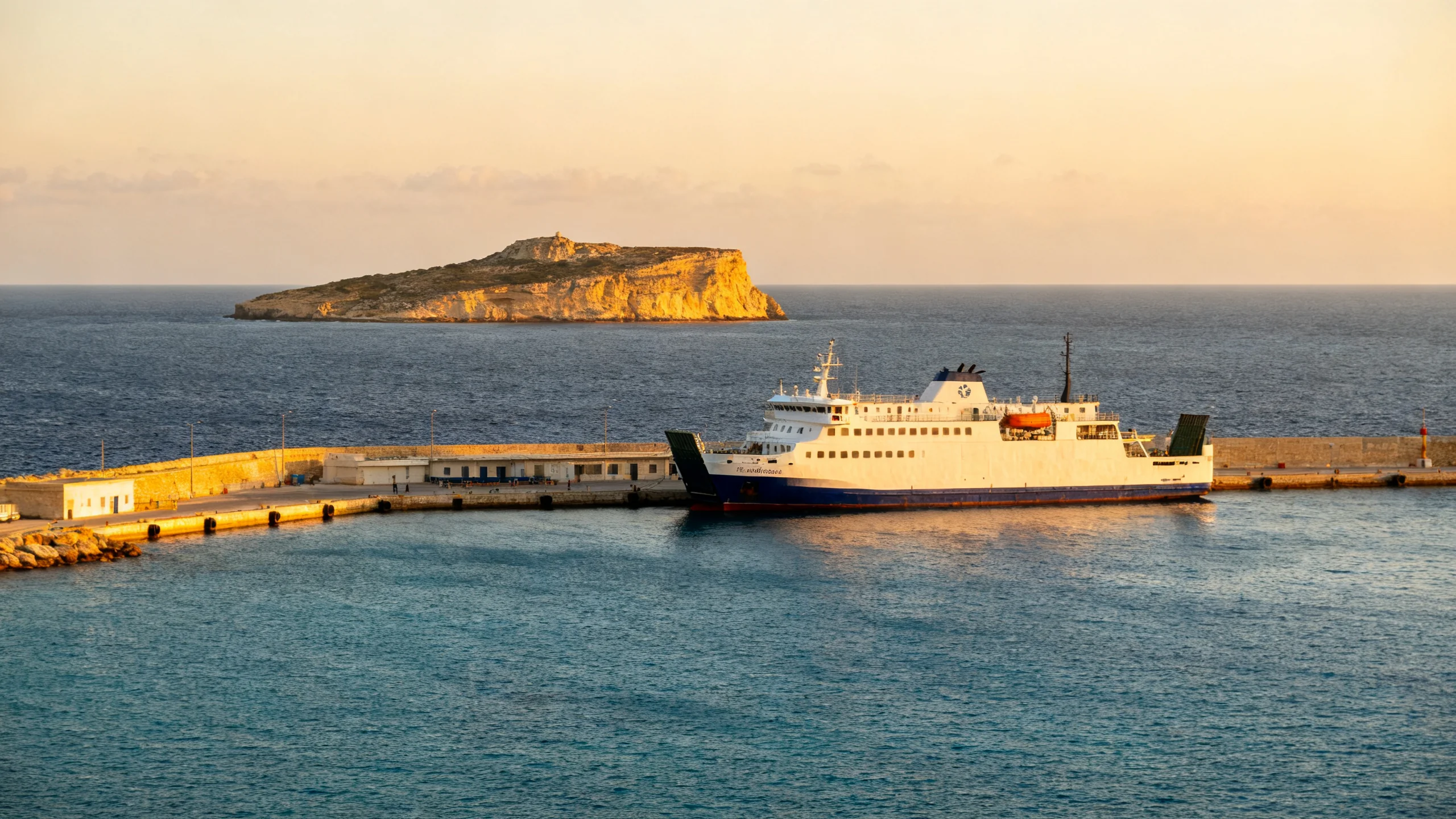 De Cirkewwa-veerterminal met een Gozo Channel-veerboot aangemeerd, Comino zichtbaar aan de overkant van het kanaal