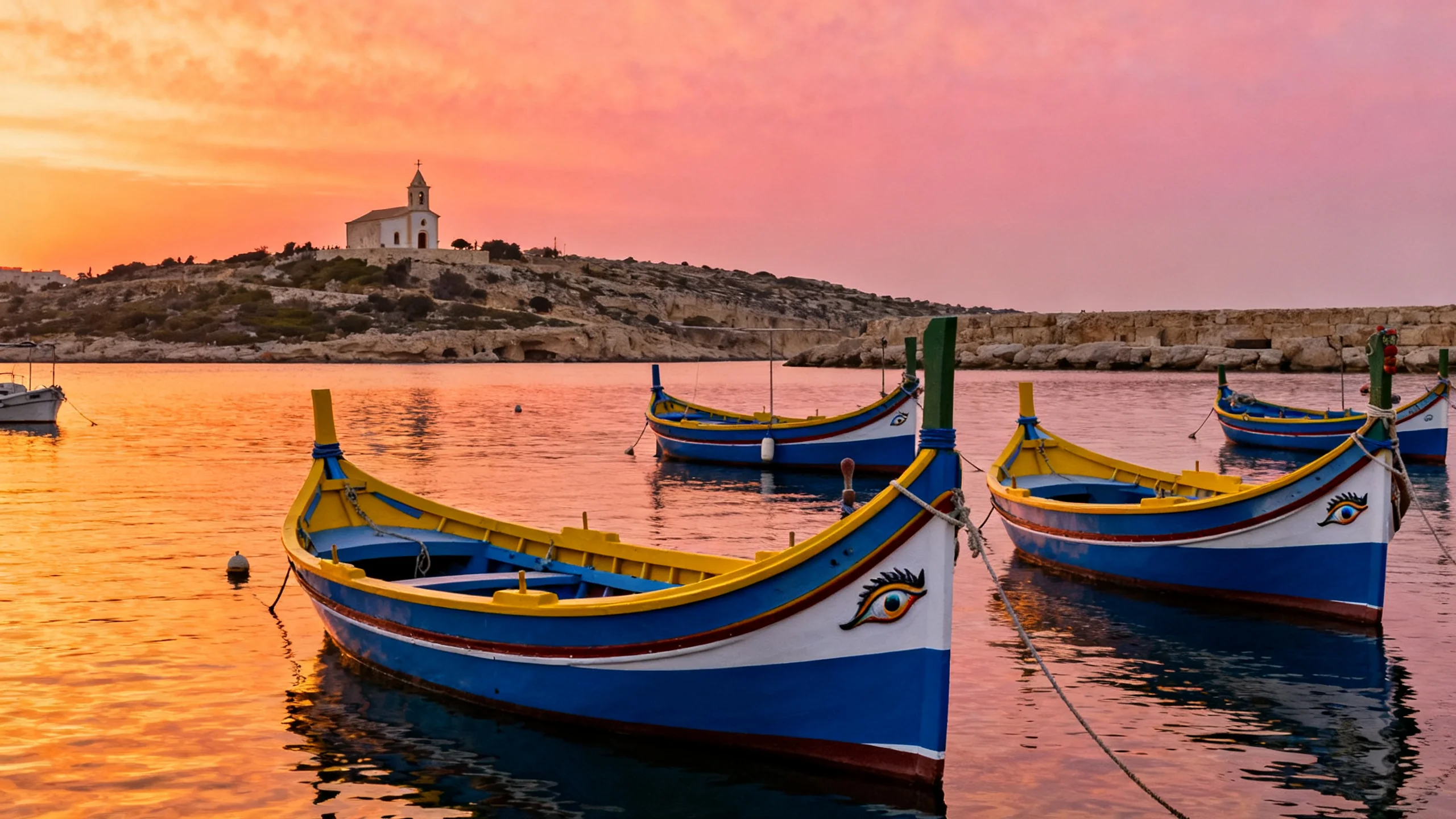 The painted luzzu boats moored in Spinola Bay at sunset, with the small church of St Julian visible behind