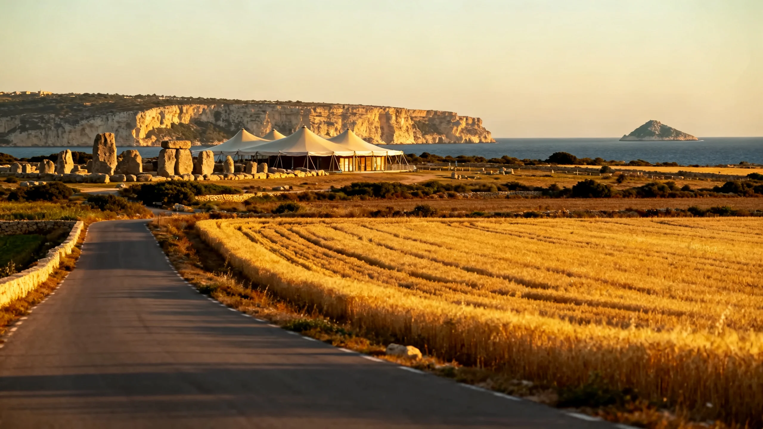 La carretera de acceso al yacimiento del templo de Hagar Qim, con los acantilados del sur y la isla de Filfla visibles frente a la costa