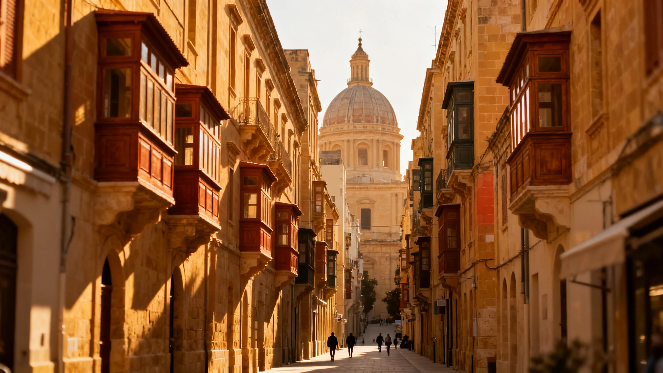 Republic Street at golden hour, lined with limestone facades and enclosed wooden balconies, with the Royal Opera House ruins at the far end