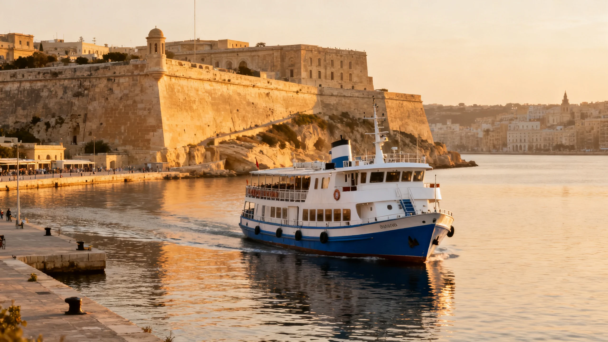 Die Personenfähre Sliema-Valletta nähert sich der Anlegestelle Valletta Strand, im Hintergrund die Bastionsmauern